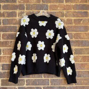 Daisies On Black Textured Knit Sweater Size S Measurements In Description